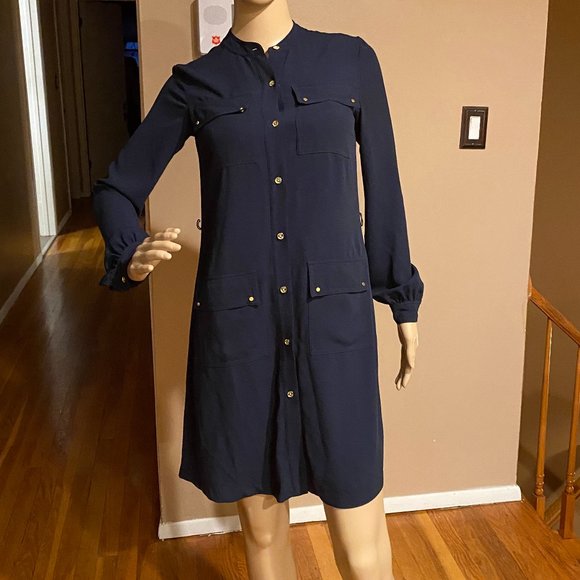 michael kors shirt dress navy Michael Kors Navy blue shirt dress gold